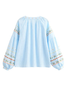 Floral Embroidery, Linen Cotton  Shirts ,Boho Blusas