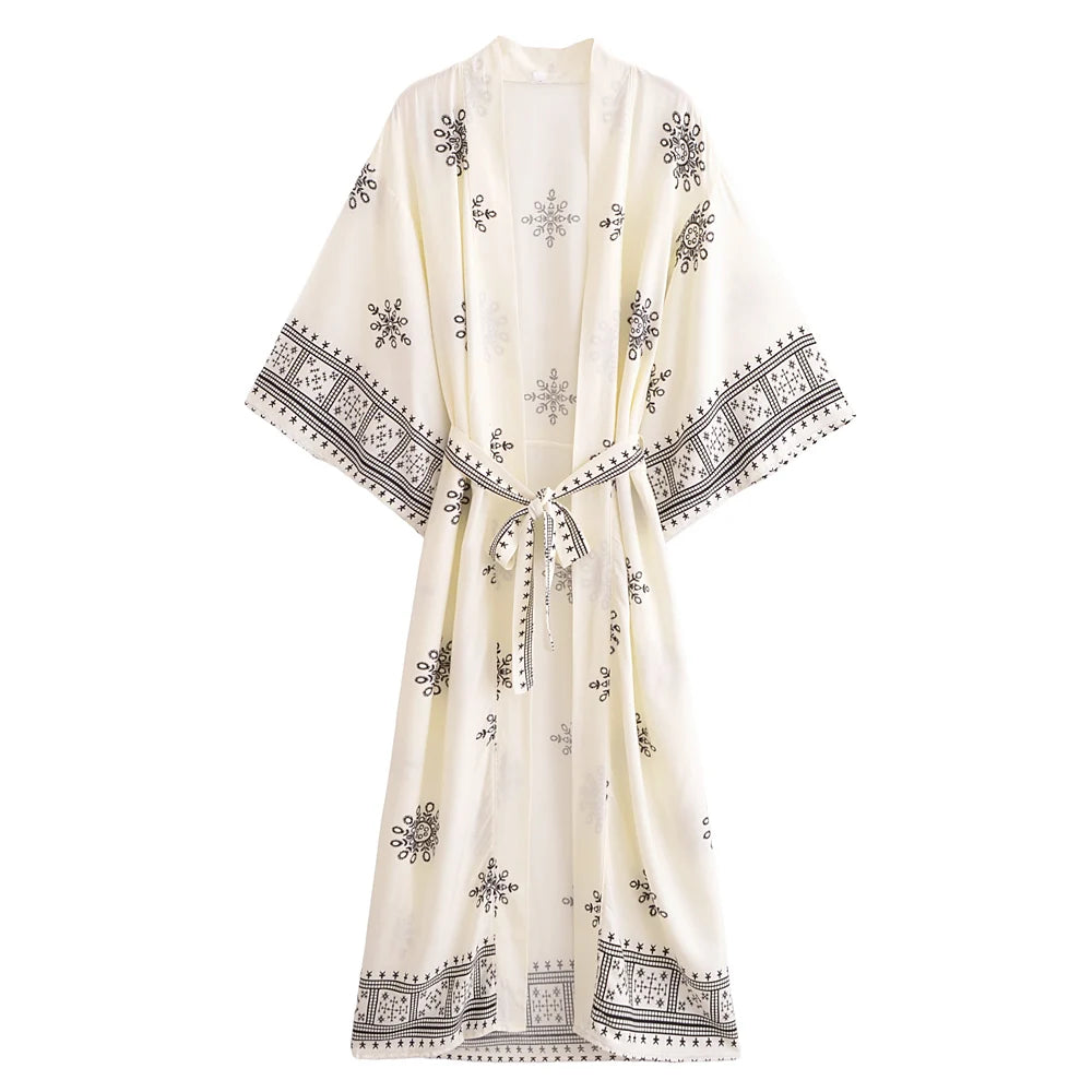 White Floral ,Beach Bohemian Kimono,Boho Bikini Cover-ups