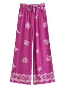 Purple Floral , Wide Leg Pants with Pockets ,Vacation Boho Pant