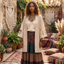 Load image into Gallery viewer, Bohemian Floral Embroidery Cotton Linen Kimono Cardigan
