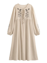 Load image into Gallery viewer, Linen Cotton,Wild Floral Embroidery , Lace-up Tassel Maxi Boho Dress
