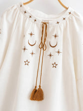 Load image into Gallery viewer, Star Embroidered, Linen Cotton Blouse ,Lace-up Tassel Boho Shirt
