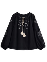 Load image into Gallery viewer, Star Embroidered, Linen Cotton Blouse ,Lace-up Tassel Boho Shirt

