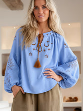 Load image into Gallery viewer, Star Embroidered, Linen Cotton Blouse ,Lace-up Tassel Boho Shirt
