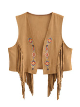 Load image into Gallery viewer, Women’s Faux Suede Fringe Vest - Bohemian Floral Embroidery Cowgirl Jacket with Rivets
