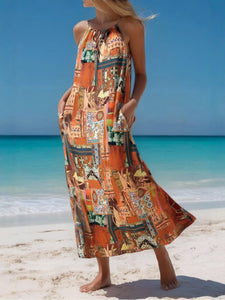 Floral Print, Backless Sexy Maxi Dress,Boho Dress with Pockets