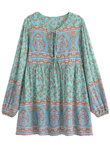 Green Floral Print ,Bohemian Mini Dress,Boho Dress