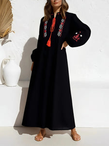 Retro Floral Emberoidery ,Lantern Sleeve Maxi Dress, Boho Dress