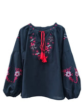 Load image into Gallery viewer, Retro Floral Embroidered ,Linen Cotton Blouse ,Lace-up Tassel Boho Shirts
