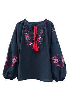 Retro Floral Embroidered ,Linen Cotton Blouse ,Lace-up Tassel Boho Shirts