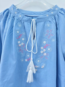 Retro Floral Embroidered ,Linen Cotton Blouse ,Lace-up Tassel Boho Shirts