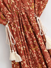 Load image into Gallery viewer, Brown Floral Tassel Beach Bohemian Maxi Dress  Vacation Boho Dress
