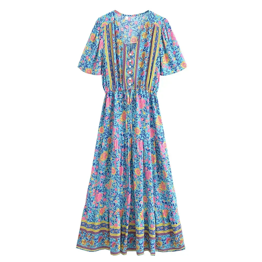 Green Floral Print ,Bohemian Maxi Dress,Boho Dress