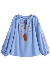 Load image into Gallery viewer, Star Embroidered, Linen Cotton Blouse ,Lace-up Tassel Boho Shirt
