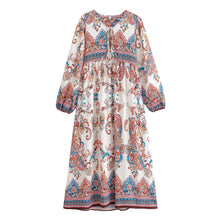 Load image into Gallery viewer, Vintage Floral Printed Women Tie Neck Lantern Sleeve Beach Holiday Maxi Dress
