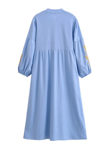 Retro Linen Cotton,Wheat Emberoidery, Lantern Sleeve Boho Maxi Dress