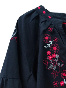 Retro Floral Embroidered ,Linen Cotton Blouse ,Lace-up Tassel Boho Shirts