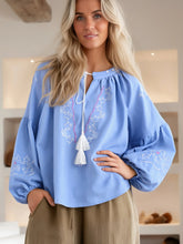 Load image into Gallery viewer, Retro Floral Embroidered, Linen Cotton Blouse ,Lace-up Boho Shirt
