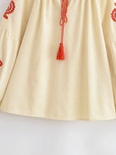 Load image into Gallery viewer, Vintage Floral Embroidered Cotton Linen Blouse - Boho Tassel Tie Neck Puff Sleeve Top
