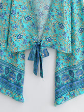 Load image into Gallery viewer, Boho Floral Print Rayon Kimono Top - Ruffle Flare Sleeve Tie Front Beach Cover-up
