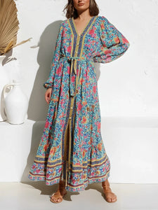 Floral Print ,Breasted Bohemian Maxi Dress, Boho Dress Robe