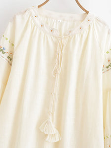 Floral Embroidery, Linen Cotton  Shirts ,Boho Blusas