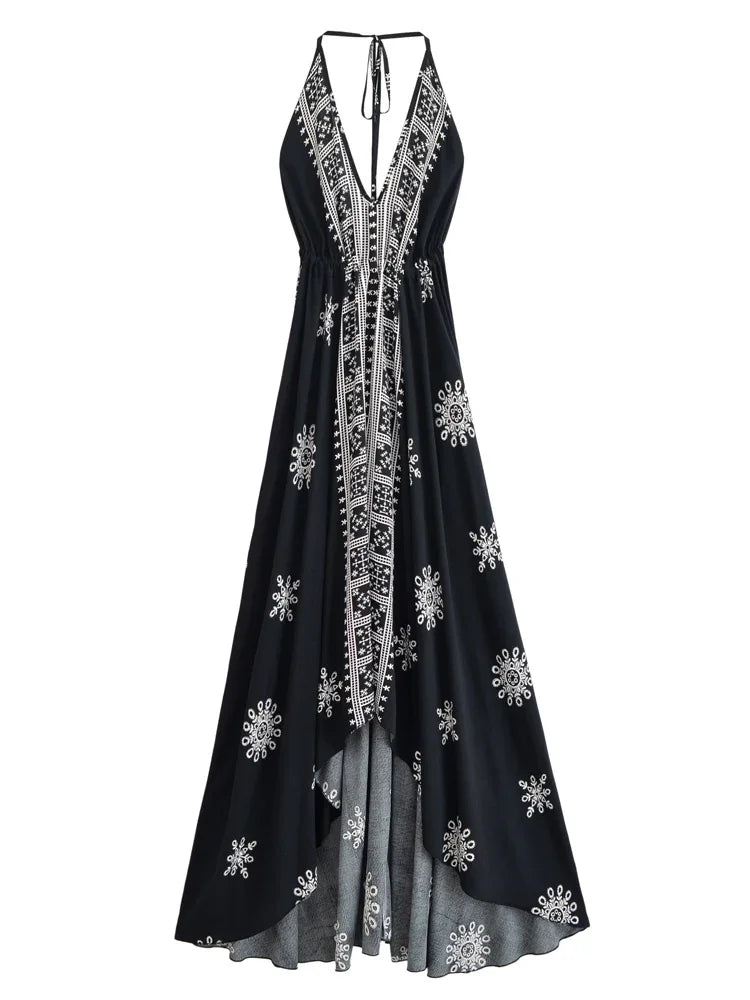 Wild Floral ,Backless Sexy Maxi Dress , High-Low Tassel Strapless Boho Dress