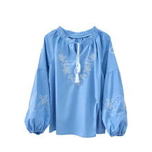 Load image into Gallery viewer, Wild Floral Embroidery ,Linen Cotton Shirts, Lace-up Tassel Boho Blusas
