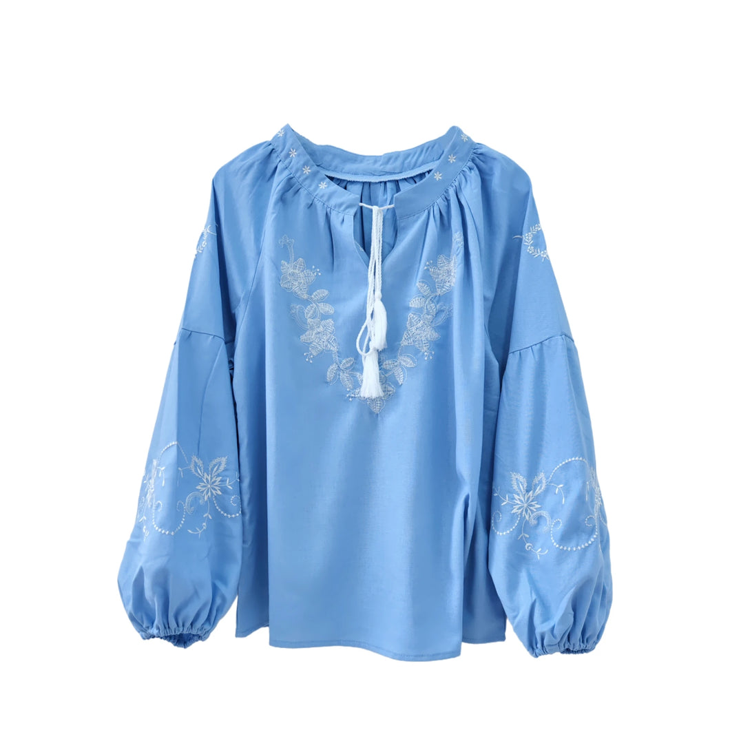 Wild Floral Embroidery ,Linen Cotton Shirts, Lace-up Tassel Boho Blusas