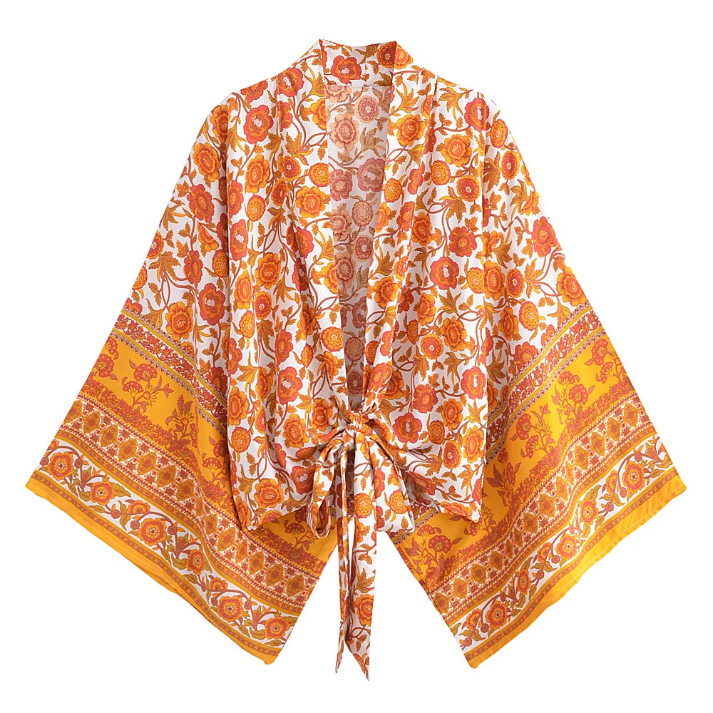 Bohemian Kimono, Boho Bikini Cover-ups,Black Floral Print
