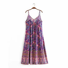 Load image into Gallery viewer, Purple Floral Print,Bohemian Strap Dress,Boho Midi Dress
