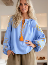 Load image into Gallery viewer, Bird Floral Embroidered ,Linen Cotton Blouse ,Lace-up Tassel Boho Shirt

