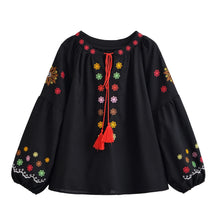 Load image into Gallery viewer, Bohemian Floral Embroidered, Linen Cotton Blouse,Lace-up Tassel Boho Shirt
