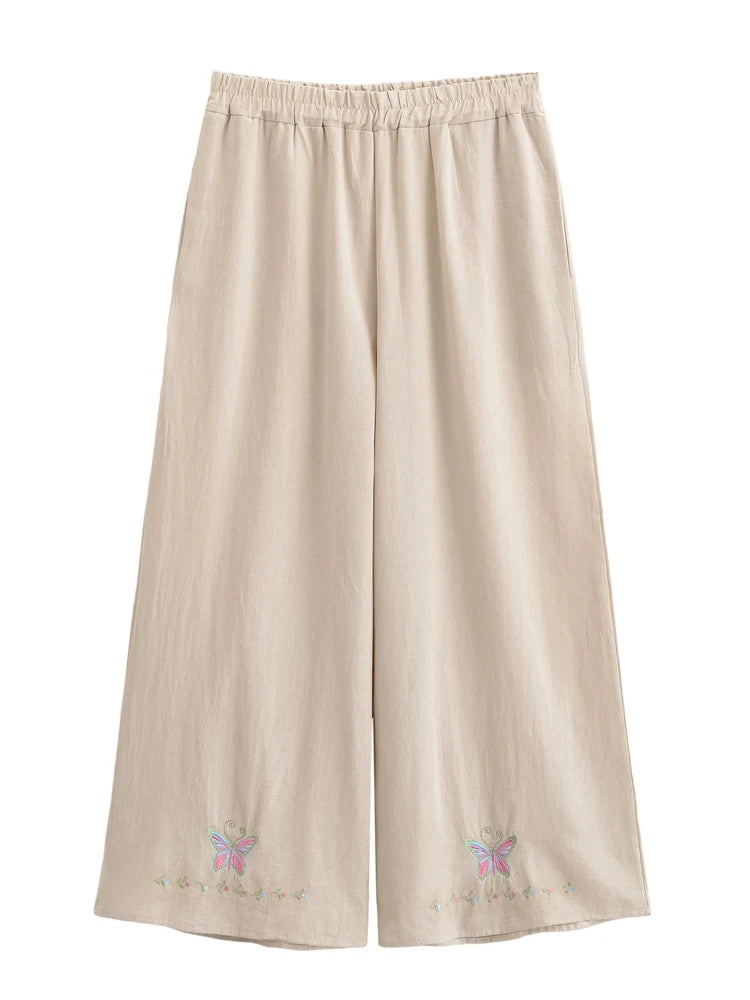 Floral Butterfly Embroidery ,Bohemian Wide Leg Pants ,Boho Trousers