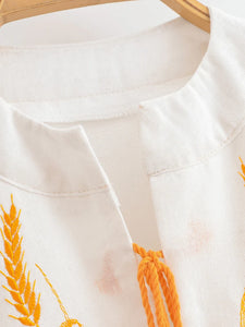 Retro Linen Cotton,Wheat Emberoidery, Lantern Sleeve Boho Maxi Dress