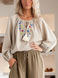 Floral Embroidery, Linen Cotton Blouse, Boho Shirts