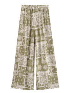 Geometric Floral Print ,Wide Leg Bohemian Pants , Boho Pant Pockets
