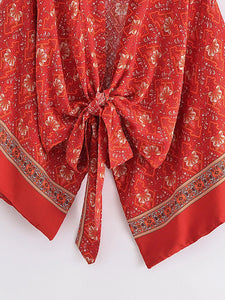 Bohemian Kimono, Boho Bikini Cover-ups,Red Floral Print