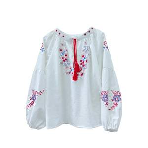 Retro Floral Embroidered ,Linen Cotton Blouse ,Lace-up Tassel Boho Shirts