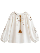 Load image into Gallery viewer, Star Embroidered, Linen Cotton Blouse ,Lace-up Tassel Boho Shirt
