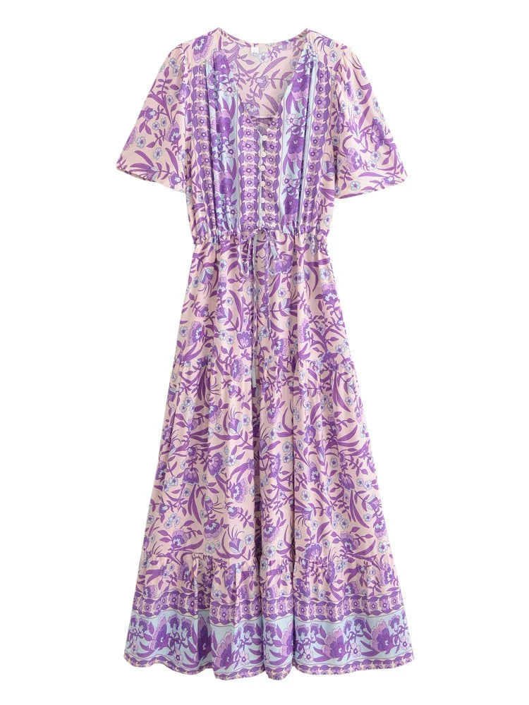 Purple Floral Print ,Button V-neck ,Boho Dress