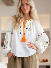 Load image into Gallery viewer, Bohemian Floral Embroidered, Linen Cotton Blouse,Lace-up Tassel Boho Shirt
