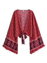 Load image into Gallery viewer, Floral Print Rayon Kimono Top - Ruffle Sleeve Tie Front Crop Top
