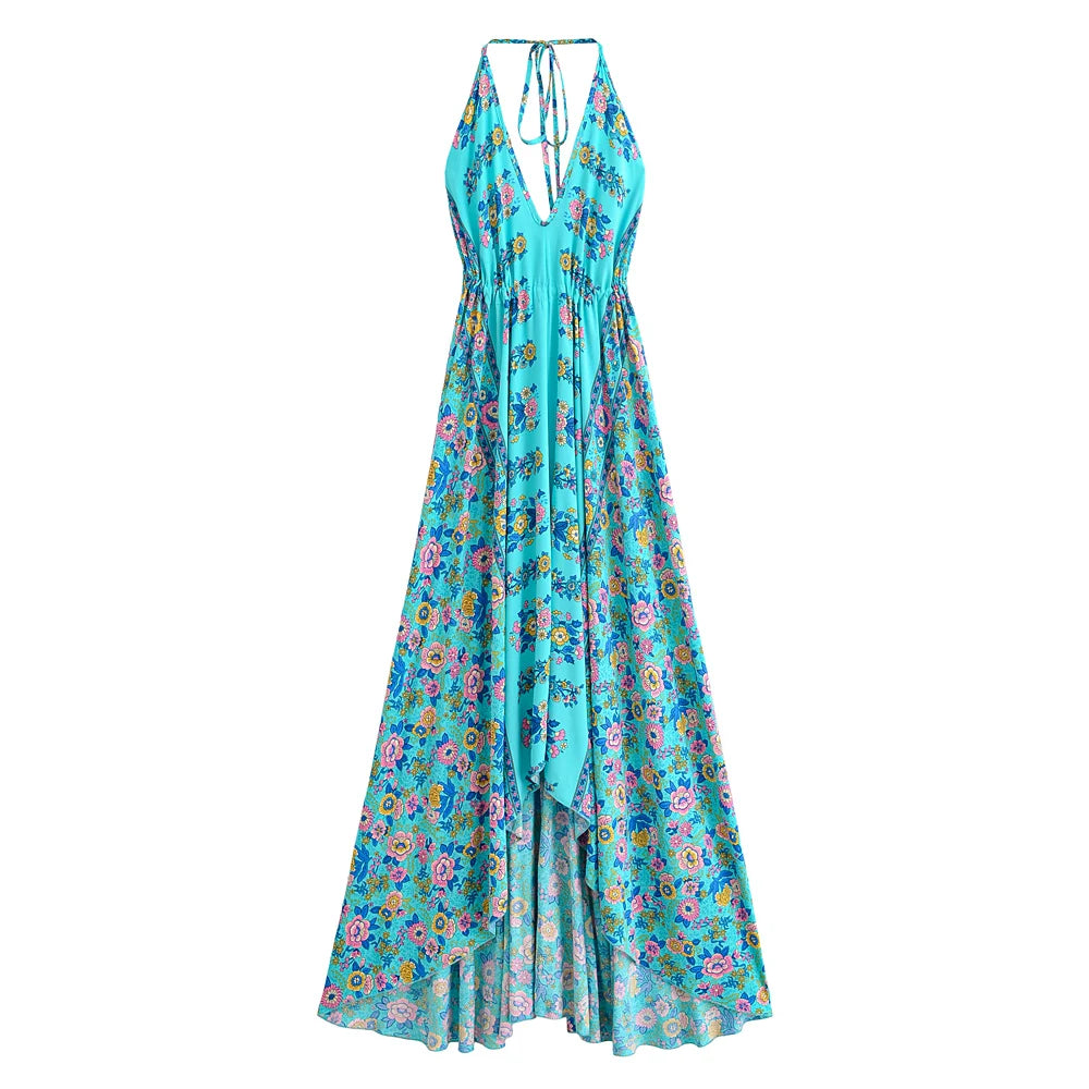 Peacock Green ,Backless Sexy Maxi Dress,High-Low Tassel Boho Dress