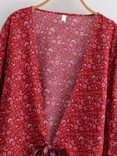 Load image into Gallery viewer, Floral Print Rayon Kimono Top - Ruffle Sleeve Tie Front Crop Top

