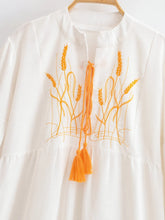 Load image into Gallery viewer, Retro Linen Cotton,Wheat Emberoidery, Lantern Sleeve Boho Maxi Dress
