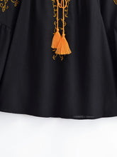 Load image into Gallery viewer, Bird Floral Embroidered ,Linen Cotton Blouse ,Lace-up Tassel Boho Shirt
