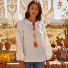 Load image into Gallery viewer, Celestial Embroidered Linen Blouse - Sun Boho Top
