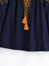 Load image into Gallery viewer, Bird Floral Embroidered ,Linen Cotton Blouse ,Lace-up Tassel Boho Shirt
