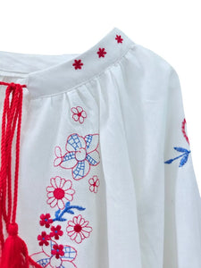 Retro Floral Embroidered ,Linen Cotton Blouse ,Lace-up Tassel Boho Shirts